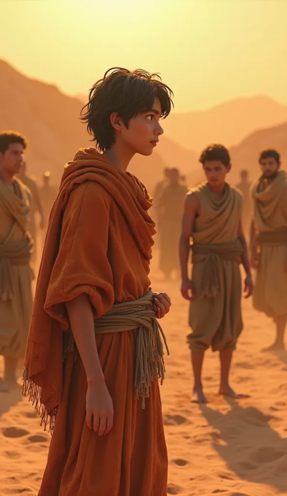 A dramatic scene in an arid desert, where José , a young man of about ,  straight hair, wears a torn colored tunic. while his brothers, dressed in simple clothes and in earthy tones, Traem, selling him to merchants. The warm lighting of the sunset creates ...