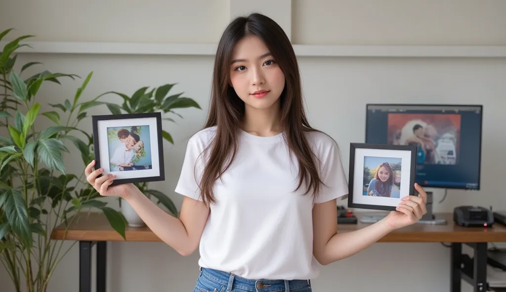 create realistic photo, beautiful women, long hair, wear white t-shirt, blue short pants, holding picture frame with two hand picture, printed central processing computer in frame, computer room background