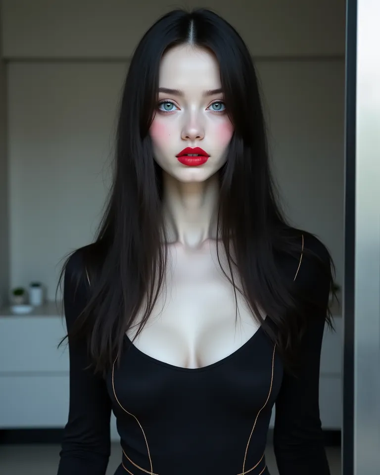 Model photo of attractive feminine Pale white skin tone (Girl with long black hair, pale face, blue eyes, red lips, porous makeup, white tone:1.3) girl With a black bodysuit outfit with an opening in the Photograph world, Dressing room background, gray env...