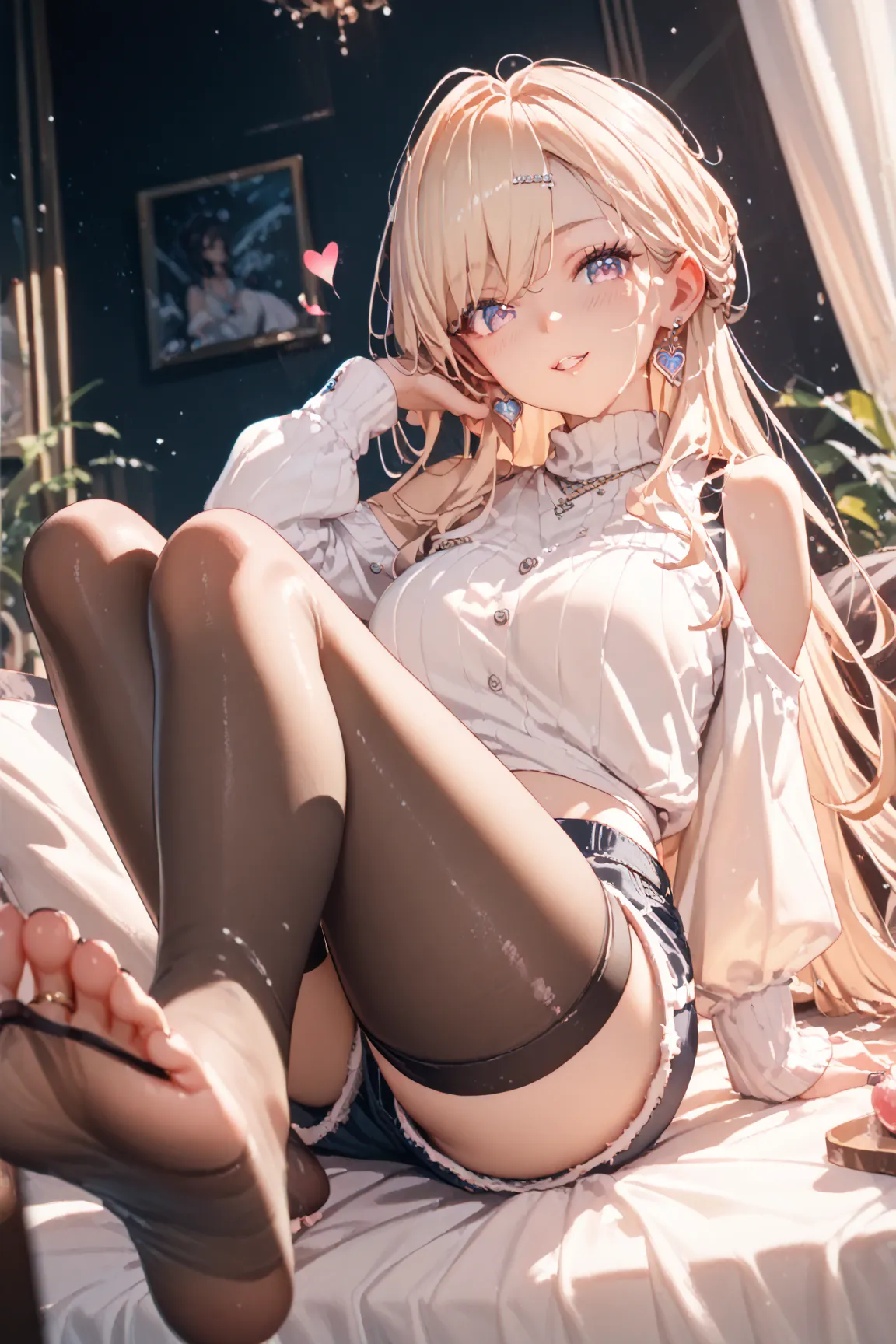 shorts　薄い緑色の髪　black tights　 beautiful feet　my eyes are hearts　