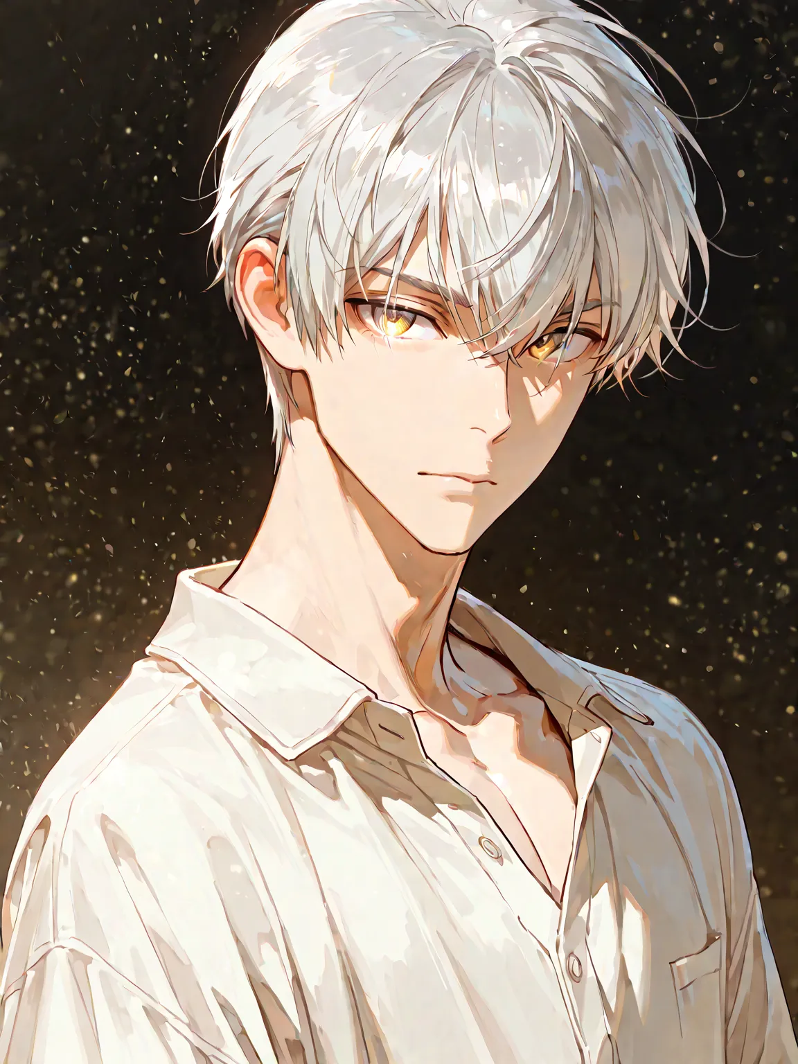 1man, solo, handsome, {{anatomically correct}}, masterpiece, best quality, detailed, high resolution, silver hair, golden eyes,  looking at viewer, casual clothes