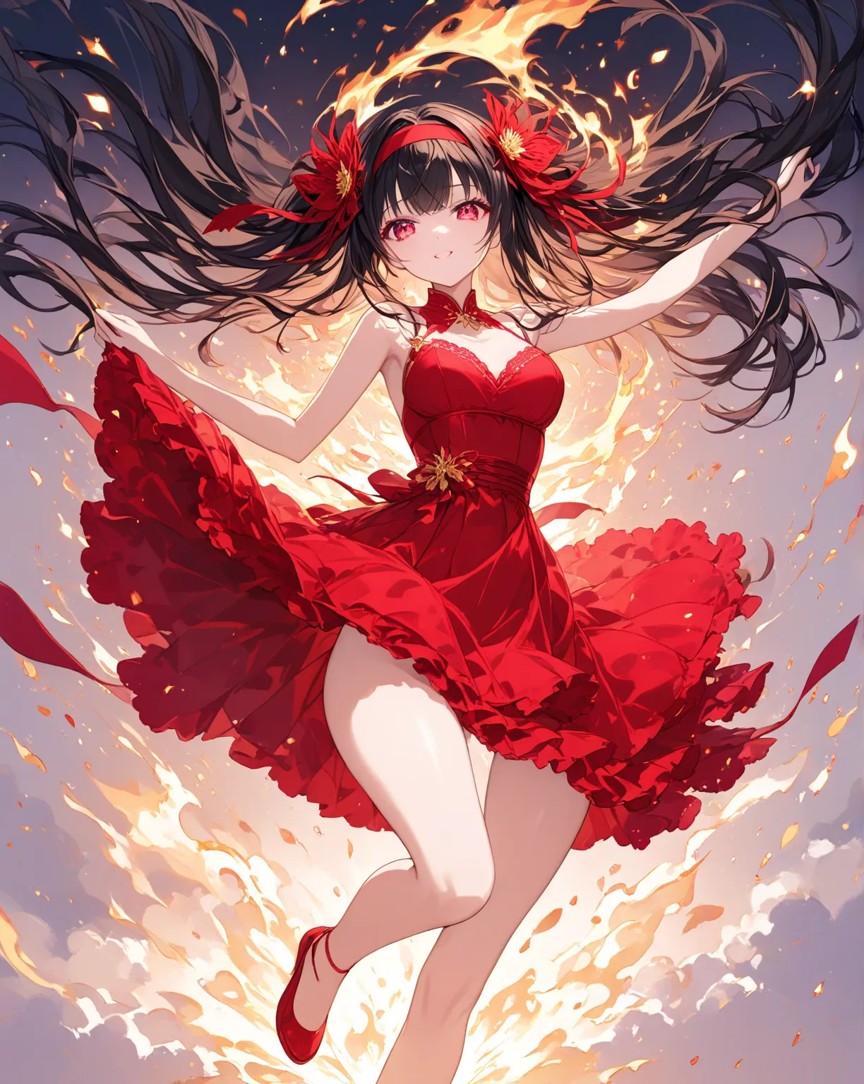 victory、best quality、great quality、girl、anime、beautiful、delicate、Ultra High Resolution、battle、Engulfed in flames、Countless sparks dance 、Black hair, red dress, red headband、Ultra High Precision、high quality、grow up、long eyelashes、Black eyeshadow。Belly expo...