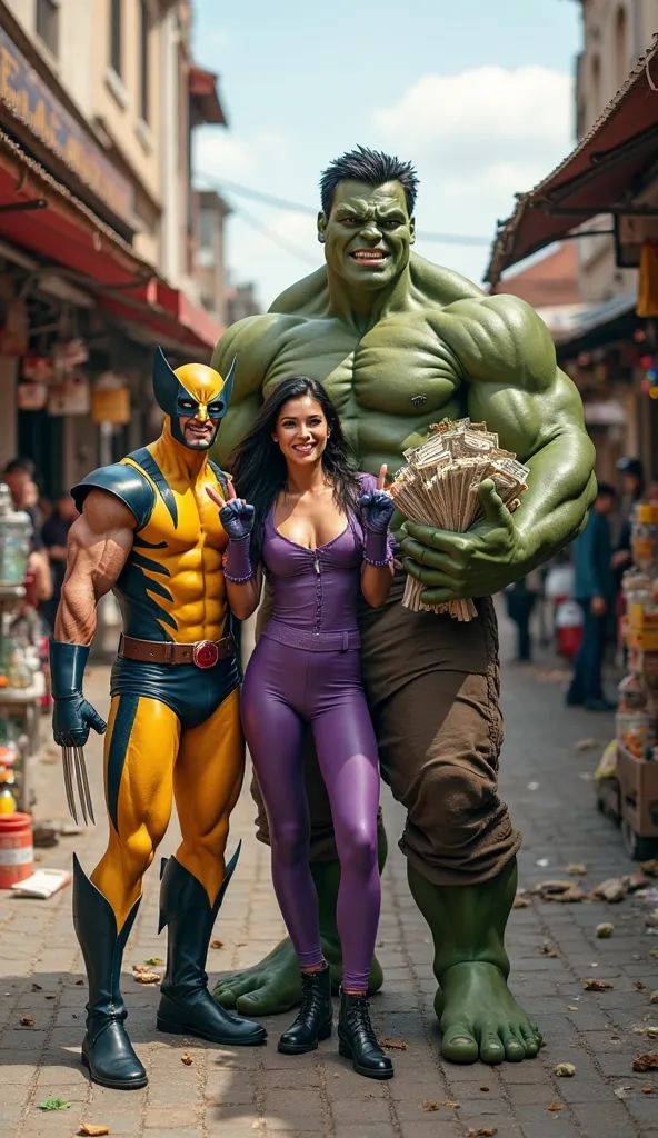 Wolverine, Jean Gray, and Hulk, now calm and smiling, pose together for a cheerful photo in the middle of the marketplace. Jean holds up a peace sign, Wolverine flexes his claws playfully, and Hulk, still wearing his chef’s outfit, grins while holding a bu...