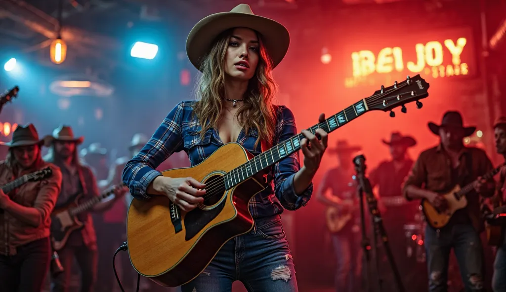 A stunning young woman with a fierce, passionate expression takes center stage in a lively country music bar. Her figure-hugging blue plaid flannel shirt and tight, ripped jeans accentuate her curves, while her brown cowboy boots add a rustic touch. With o...