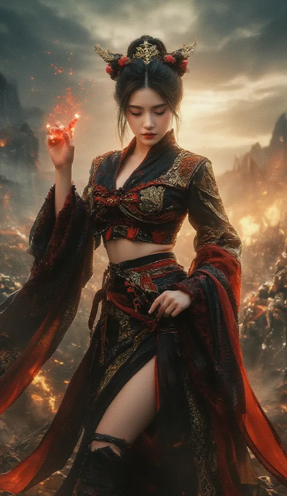 A Slim Fit Chinese Girl，Evil Enchantment Makeover，Vintage Hairstyle，Close Your Eyes，Ancient war background，Stand on a chaotic battlefield and cast your magic，magic effect surrounding the character，wearing a black and red matching dragon costume，Full body c...