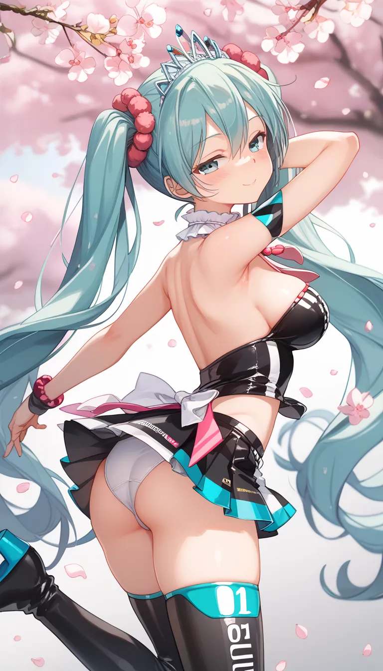 ((Hatsune Miku、with bangs、 sideburns are long))（Height: 160cm、Checkpoints）(A very sexy, princess-like atmosphere based on light blue、large chest slit、Mini skirt with slits("A race queen outfit inspired by cherry blossoms, featuring a pink and black color s...