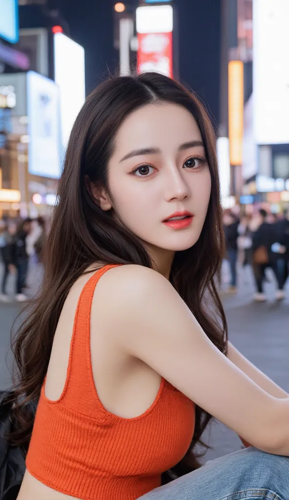 presents、 attractive young woman , beautiful eyes, early afternoon, Orange knit,jeans style 、 facial details , Forward Leaning Posture, high quality full body image , Times Square background,  stands,  smiles and looks into the camera 。