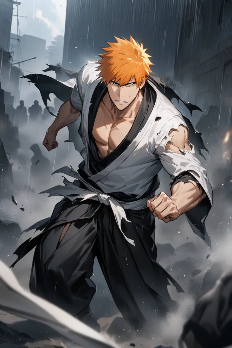 1 Boy,  featuring a male , Kurosaki Ichigo, bleach, black hakama, tensa zangetsu (For the bank), torn clothing,  outside, rain, pectoral , (masterpiece), (best quality), (ultra-detailed), very aesthetic, illustration, Tousled hair, composition parfaite, pe...