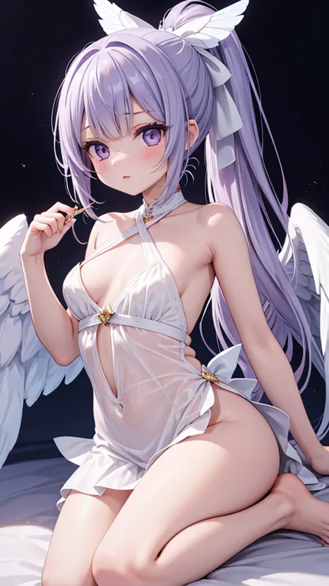 (masterpiece, best quality, ultra-detailed), angel child girl, characteristic, steady & calm, hair color, lavender, hairstyle, straight bangs, high ponytail, hair length, mid-back-length long straight hair, eyes color, periwinkle, eyes type, rectangular ey...