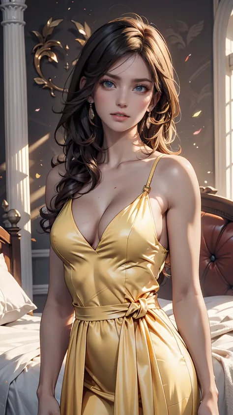 Badashanren squeezes Venezuelan female supermodel, long hair, Pastel yellow gown,  tight,  portrait with a small upper body in a pale yellow dress ,  big natural breasts , hyperrealism, High definition female bedroom background ,sunlight , 