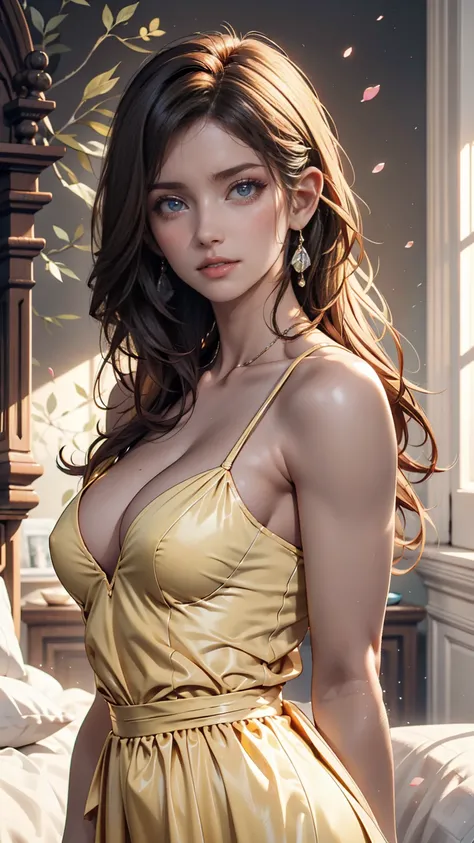 Badashanren squeezes Venezuelan female supermodel, long hair, Pastel yellow gown,  tight,  portrait with a small upper body in a pale yellow dress ,  big natural breasts , hyperrealism, High definition female bedroom background ,sunlight , 