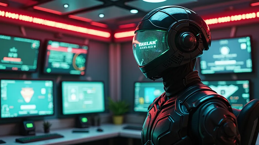 Create a detailed, 8K quality cinematic image rendered in the style of Unreal Engine 5. The image shows a futuristic office room aboard a spaceship, made of sleek black metal, filled with advanced screens and holographic displays. A male character wearing ...