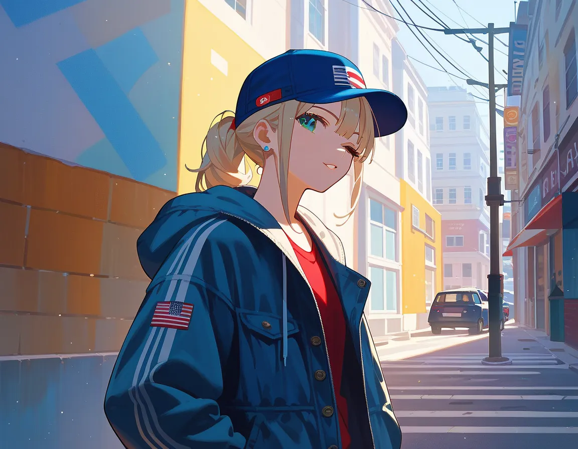 Street fashion gal, Beautiful girl, Mysterious, Dramatic light, Cap pulled down low, Standing in front of a wall, One eye hidden by the cap, Cool, Official art, Gal, Street art, Spray art, Under the overpass, Cool,