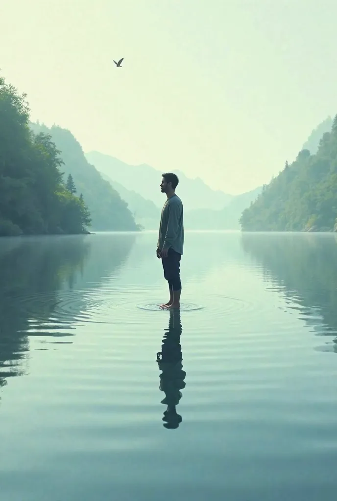 Silhouette of a man standing at peace, with his feet in the water inside a lake