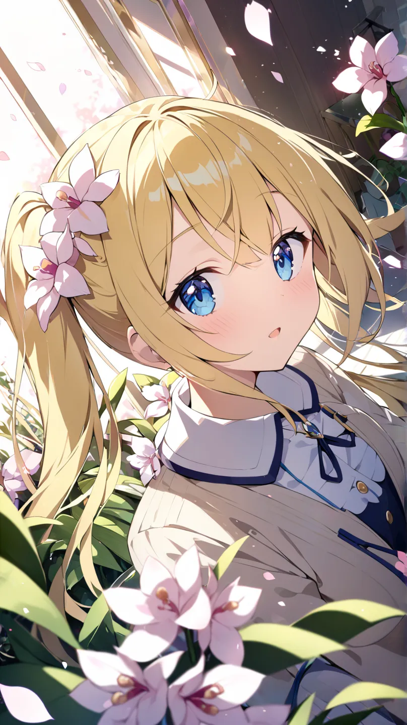 cherry blossoms、Orchid plant、1 girl who died, solo, blue eyes, yellow hair、Twin Ponytail、dutch angle, Sparkling Effect, background blur, Lens Flare, Ultra Wide Angle