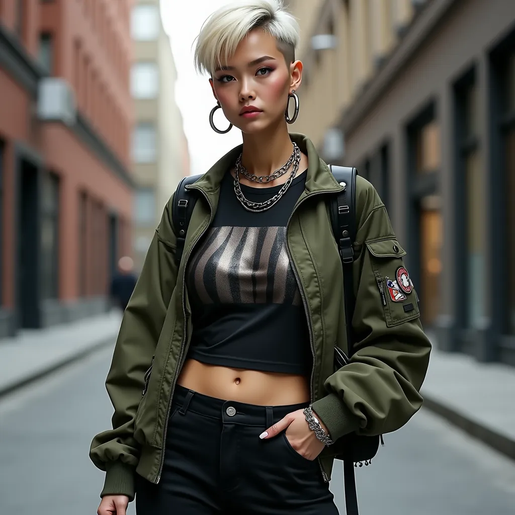 slim body woman,  with marked abdomen, medium breasts and firm back. Her short hair, low fade style , He is blond, and are complemented by a fresh and modern attitude. She wears a black graphic t-shirt with a striking design in metallic tones, who gives he...