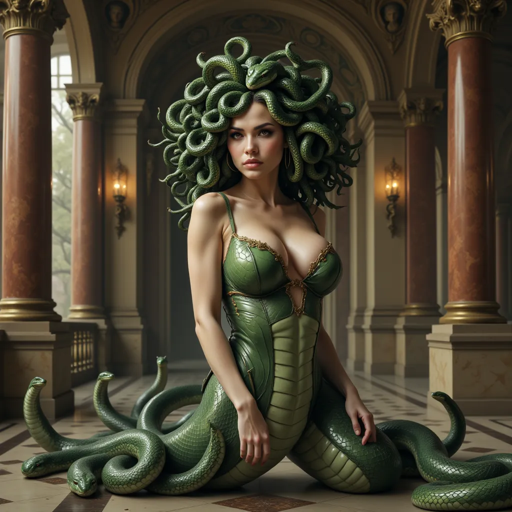 squished breasts, crushed breasts, giant breasts, skindentation, naga, with countless snakes on her head、Medusa wearing a bra、The Great Hall of the Grand Mansion 、(anatomically correct:1.55, textured skin), (best quality, 4K, 8k, highres, masterpiece:1.2),...