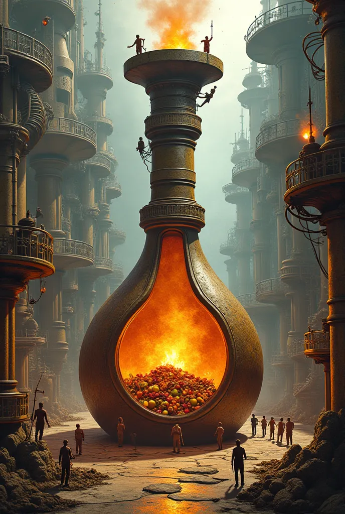 A giant old hookah suit bottle burning coal burning coal next to the stairs running on miniature workers working around a flask full of fruits , tobacco lule tongs next to it 