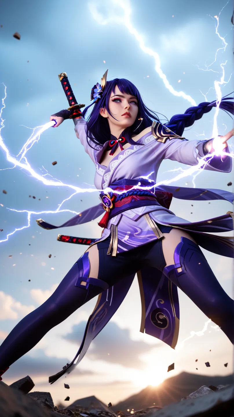 "Raiden Shogun from Genshin Impact in an intense battle stance, wielding her glowing Electro katana with unparalleled grace and power. Her long, flowing purple hair moves with the wind, her violet eyes glowing fiercely with determination. She wears her int...