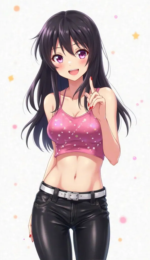 Japanese anime adolescent woman with long black hair and intense magenta eyes and red nails and wears a pink top with thin straps with white dots and bare abdomen and with shiny black leather pants with a white belt and with shiny black leather shoes and w...