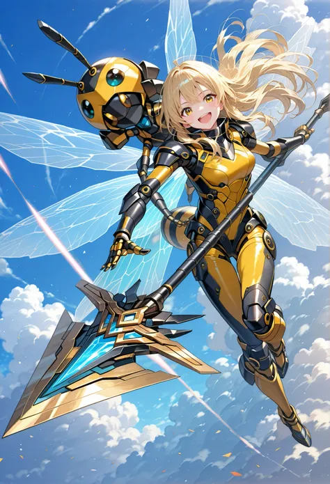 view from above,Beautiful girl cosplaying as a bee,(loli:0.3),blonde long hair,laughing,thin,holding a large, weaponized, honey-colored, spear or wing-like structure. The woman's attire consists of a form-fitting, bright yellow bodysuit with black accents,...