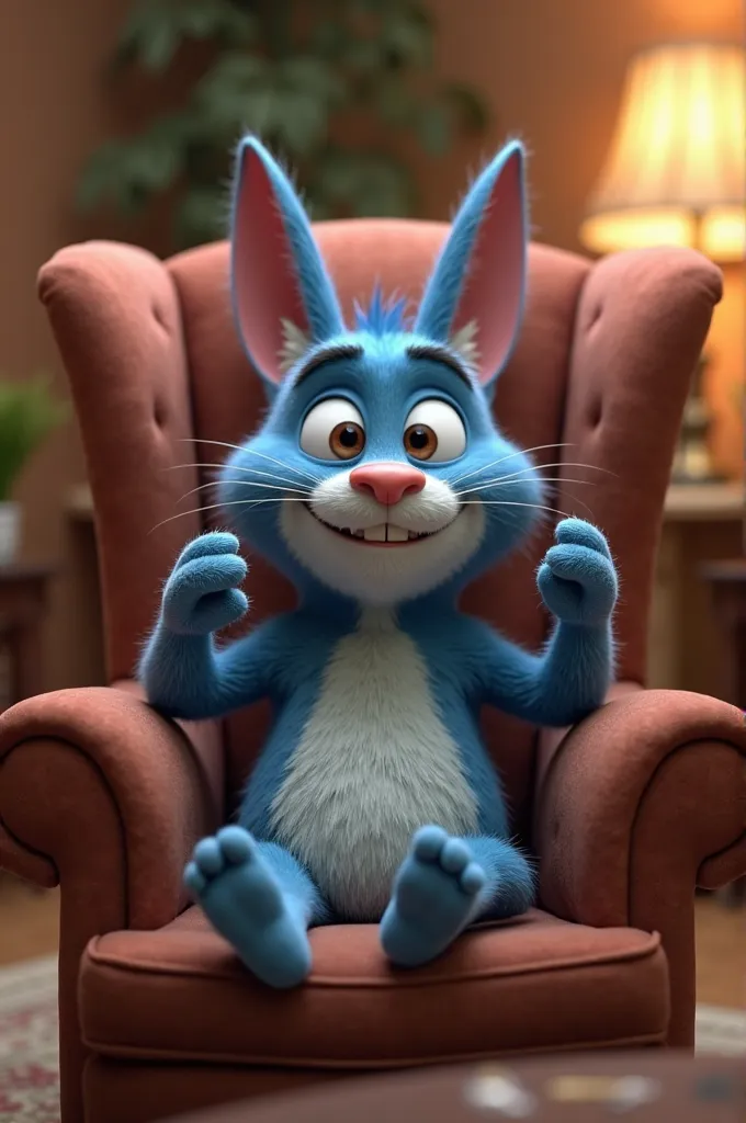 Make a 3D and scenematic picture of Oggy sitting in the chair and making it's ok by his hands 