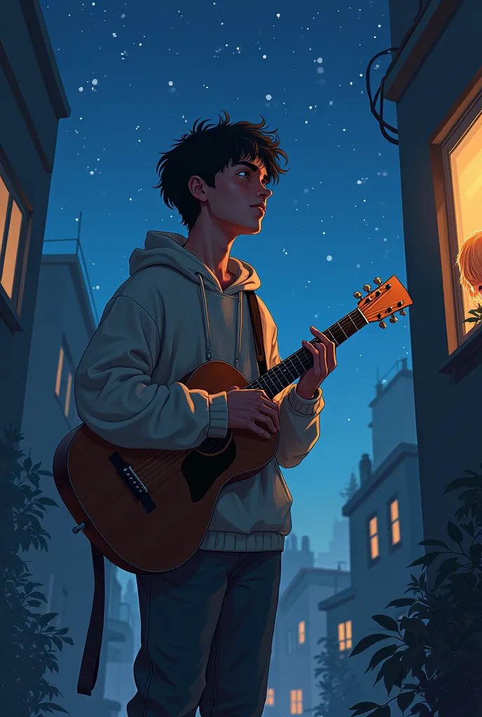 Male character in urban dress with sweater watching the stars, with a guitar, Next door a blond girl who looks like an illusion, All animated