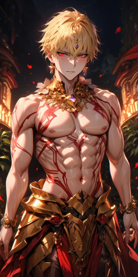 absurdres, highres, ultra detailed, HDR-10, masterpiece, best quality photo, extremely detailed, detailed eyes, detailed face, Gilgamesh, blond hair, short hair, expressive red eyes, destination: Night stay, Alone , sexy man,  elegant, sensual,  adult face...