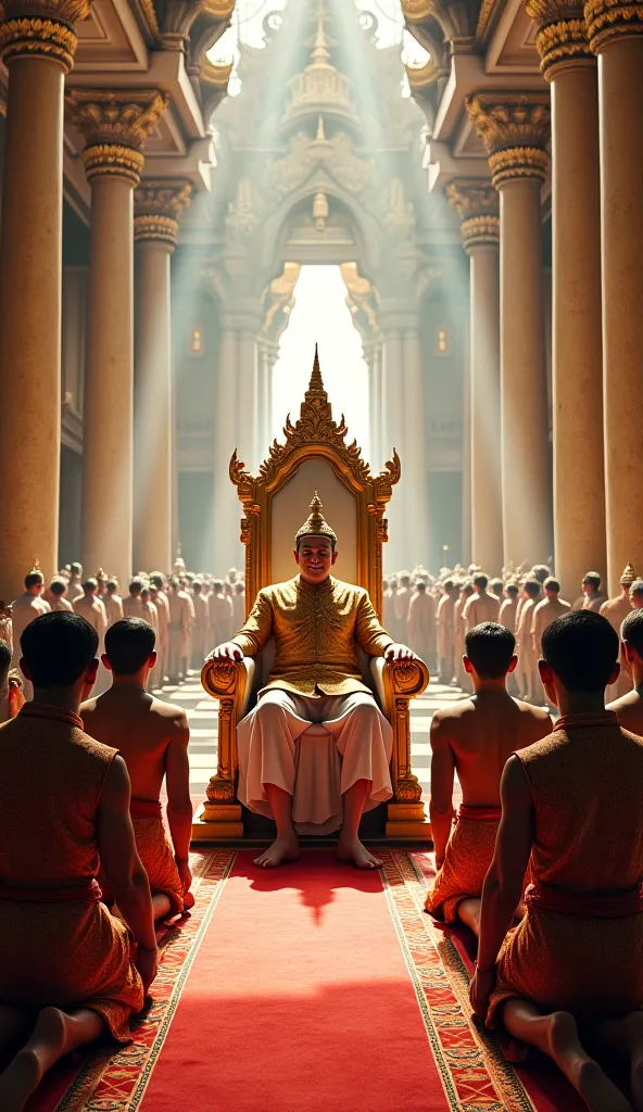 King Ramkhamhaeng: He sits on a throne or throne, wearing ancient royal attire, possibly with a crown or tiara, and wears tall, majestic clothing. His face shows kindness and determination.
Noblemen: Many noblemen kneel or stand around him, wearing ancient...