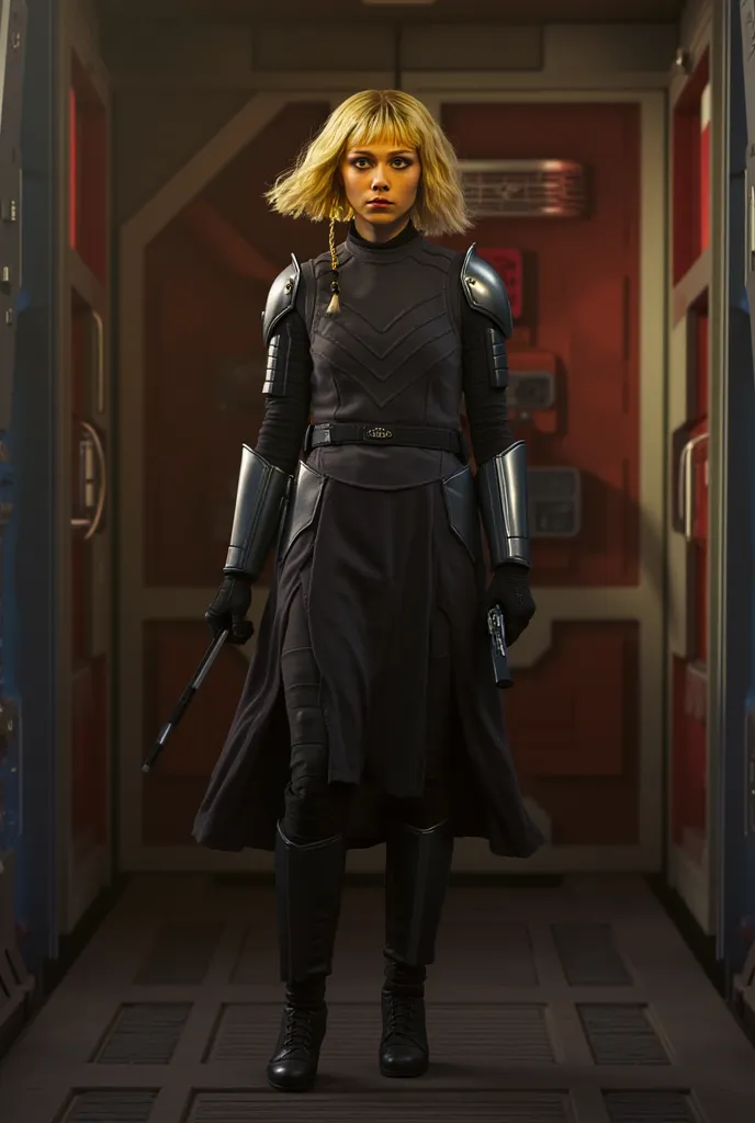  Woman, yellow skin color, small horns on top of the head, darth maul, ((STAR WARS)),  elegant clothes, collar, gun in hand, boots, Interior of a ship scenario, art digital,  semi-realistic aesthetic, full image, Character conception