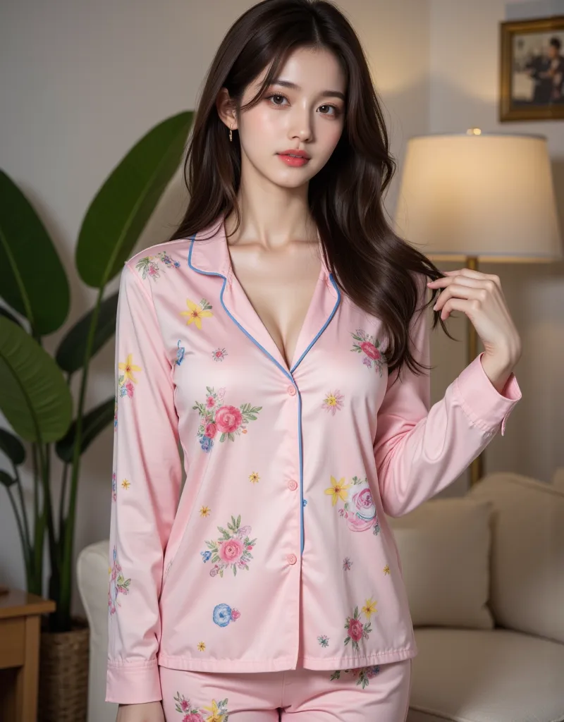 (A beautiful Korean girl is standing in the living room wearing cute pajamas:1.2)(Grinning,Spreading smiles)(Beautiful Sweat:1.1)(16k,  RAW photos , top quality, masterpiece: 1.2),(Mr.々 beautiful brown hair :1.2) Super Detail, super resolution, (Genuine, G...