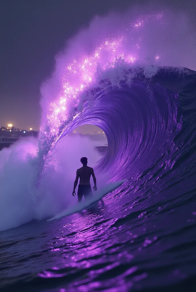 "Darkwave Surf" — A surfer on top of a giant wave, but stylized as a purple energy wave with black metallic details, creating a striking and dynamic visual effect