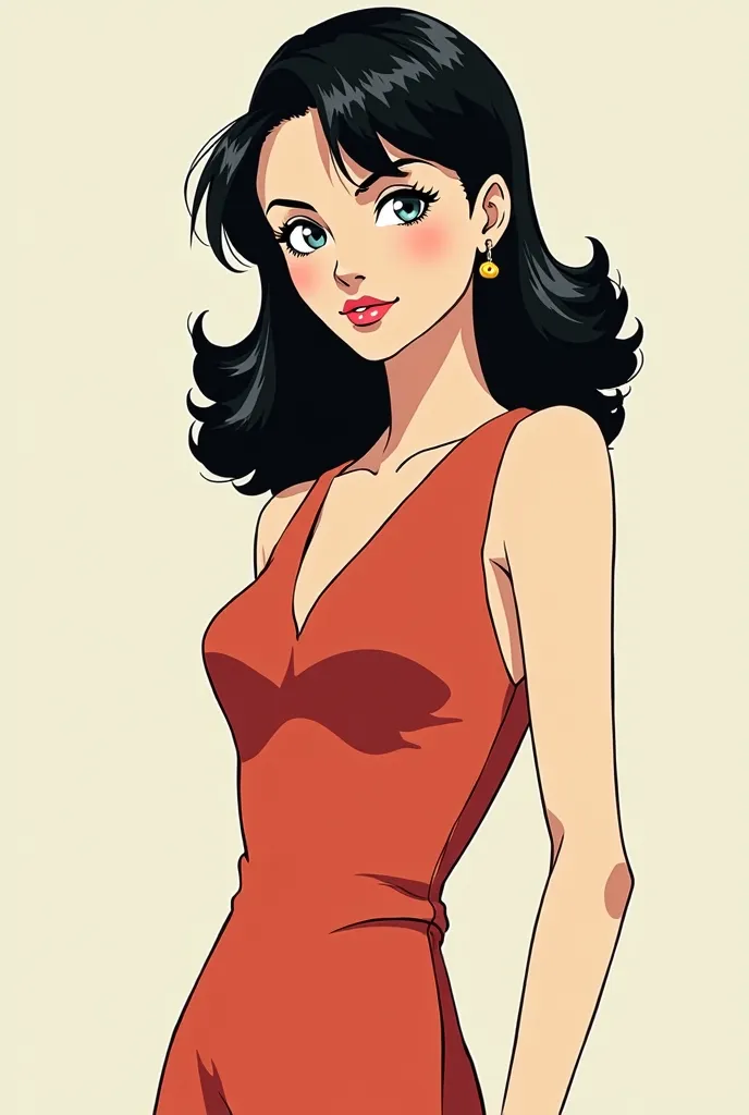  a slim woman , pale skinned , Greyish Blue Eyes , long slightly wavy black hair, dressed elegantly in the style of the sixties. Illustrated in the cartoon style of the anime Bungou Stray Dogs 