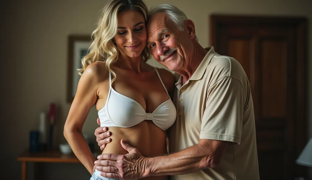 90-year-old man hugging a beautiful 18-year-old woman with huge breasts.