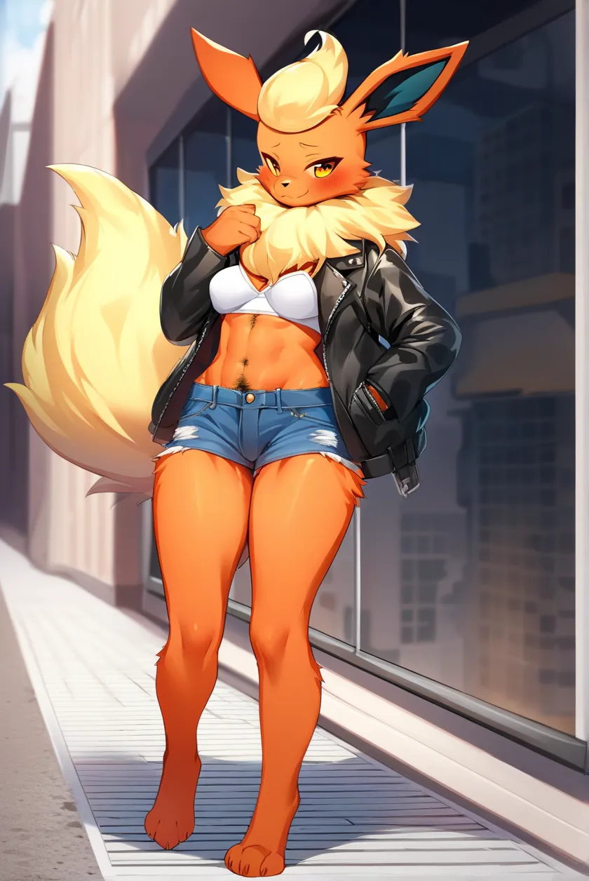 score_9, score_8_arriba, score_7_arriba,   source  _ hairy, ( digital artwork,  digital art, well-shaded artwork,  Depth)1.2, a girl, feminine,  hairy, anthropo, Flareon, Alone ,  fluffy ,  fluffy  fur, long yellow hair like Yang's from RWBY, city center e...