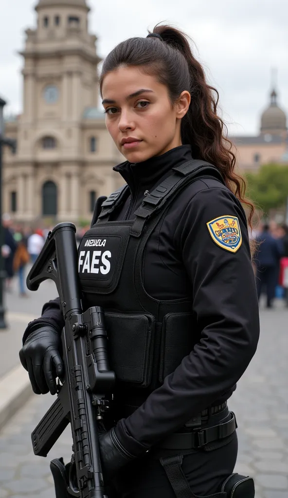 A beautiful and fierce young woman from Venezuela, serving as an elite counter-terrorism officer, stands with unwavering confidence and poise in front of one of the nation’s most iconic landmarks. Her striking features exude both grace and authority, frame...