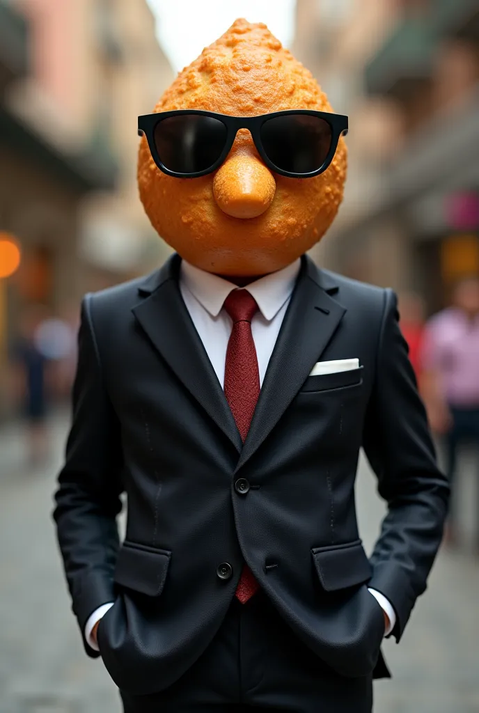 Create an image of a coxinha, give it a suit and dark glasses.