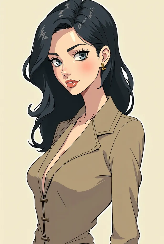  a slim woman , pale skinned , Greyish Blue Eyes , long slightly wavy black hair, dressed elegantly in the style of the sixties. Illustrated in the cartoon style of the anime Bungou Stray Dogs 