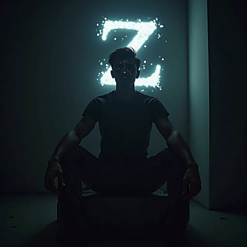 A mysterious Bangladeshi young man (17-19 years old) sits in a dimly lit room, radiating power and confidence. His entire face is glitching, distorting between reality and digital fragments, making his identity unrecognizable yet intriguing. His posture is...