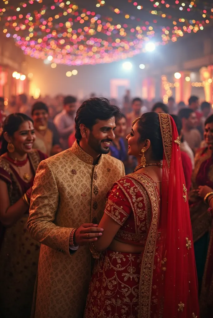 Wedding Celebration**  
*"A grand Indian wedding celebration at night, with colorful lights, family and friends dancing joyfully. The bride, dressed in a red and gold lehenga, and the groom, in a traditional sherwani, smiling together. The atmosphere is fu...