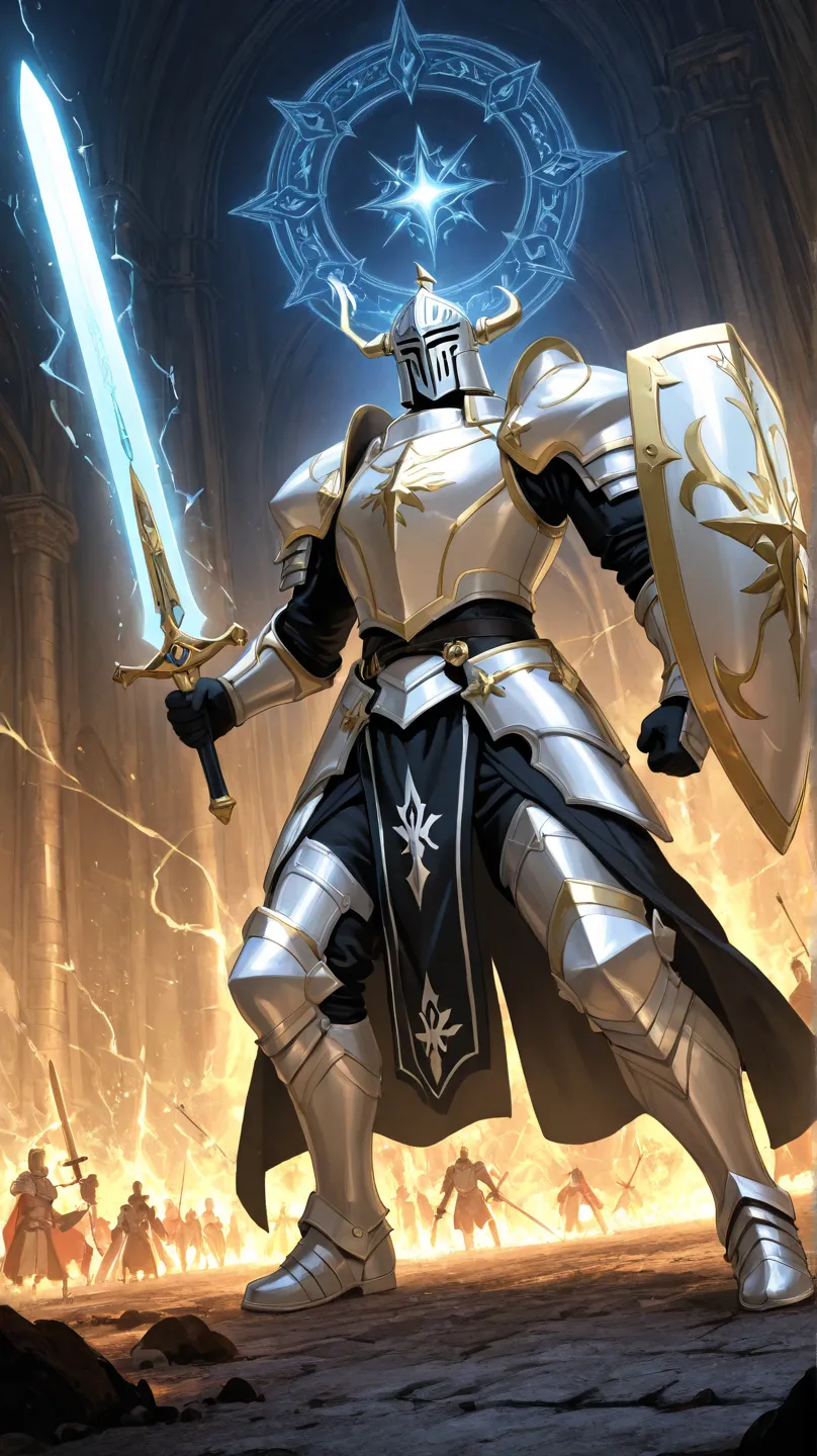 "A noble male paladin named Sir Alric Dawnshield, a devoted knight who upholds his sacred oath to protect the innocent and vanquish darkness. Blessed by divine light, he stands as an unyielding bastion of justice, wielding holy power to cleanse evil and br...