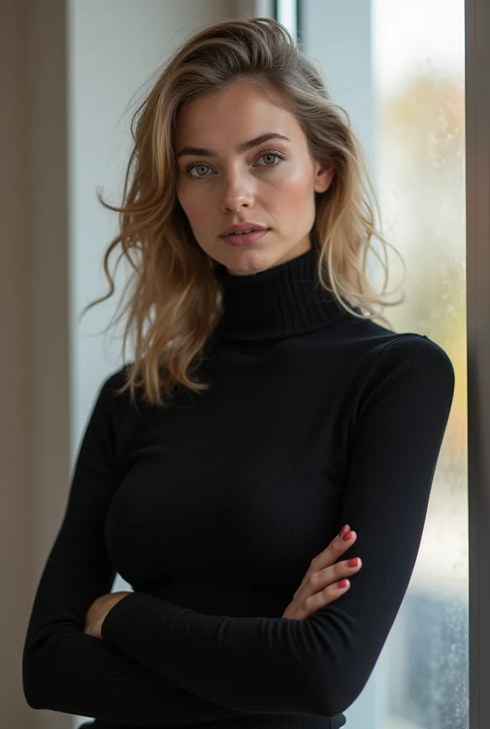 a woman in a black turtle neck top standing in front of a window, a photo by Emma Andijewska, pexels, modernism, Magdalena Radziej, Alexandra Valiszewska, portrait of kim wexler, louise dalh - wolfe, well defined, eva juszkiewicz , andree wallin, professio...