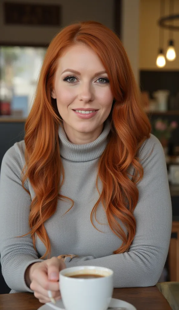 realistic photo, full color portrait, natural light, RAW photo, subject, 8k uhd, dslr, soft lighting, high quality, film grain, Fujifilm XT3, green eyes, ginger hair, Large Breasts,  wearing a turtleneck sweater, sitting in a cafe having a coffee, smiling,...