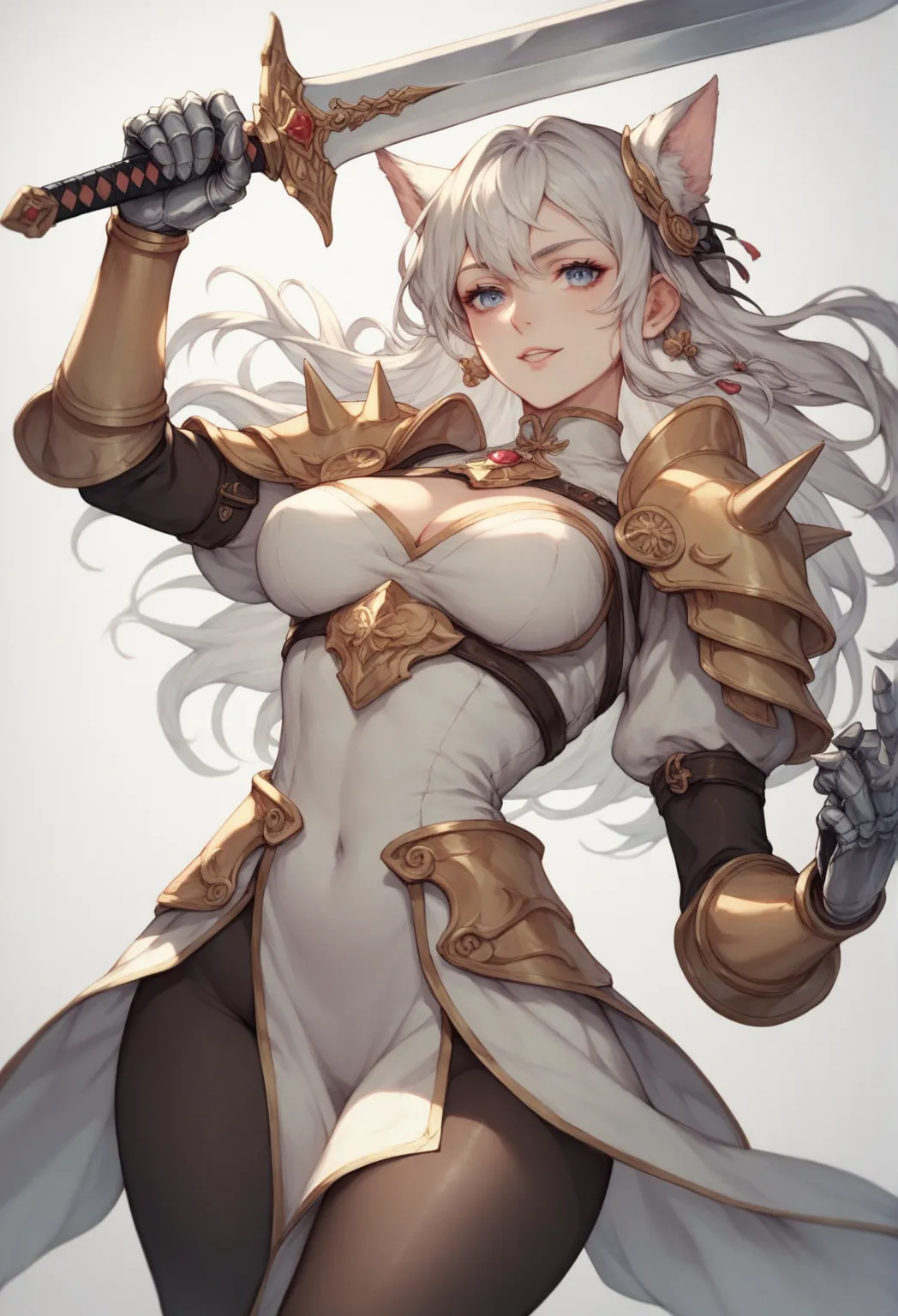 The white dress she wore fitted her figure gracefully and ended up just by From the knees. Silver gauntlets covered her forearms, while matching shoulder pads added an imposing presence to her weight, otherwise gentle. Black tights hugged her thighs, accen...