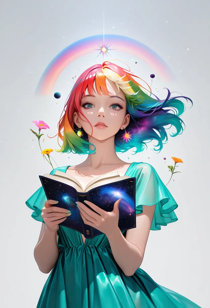 (best quality, masterpiece), 1girl, reading a book, particle, wind, flower, upper body, simple background, looking at viewer, rainbow colored hair, teal short floating dress, cosmic, nebulas, galaxy, surreal and vivid, hyperrealistic, hallucinatory brillia...