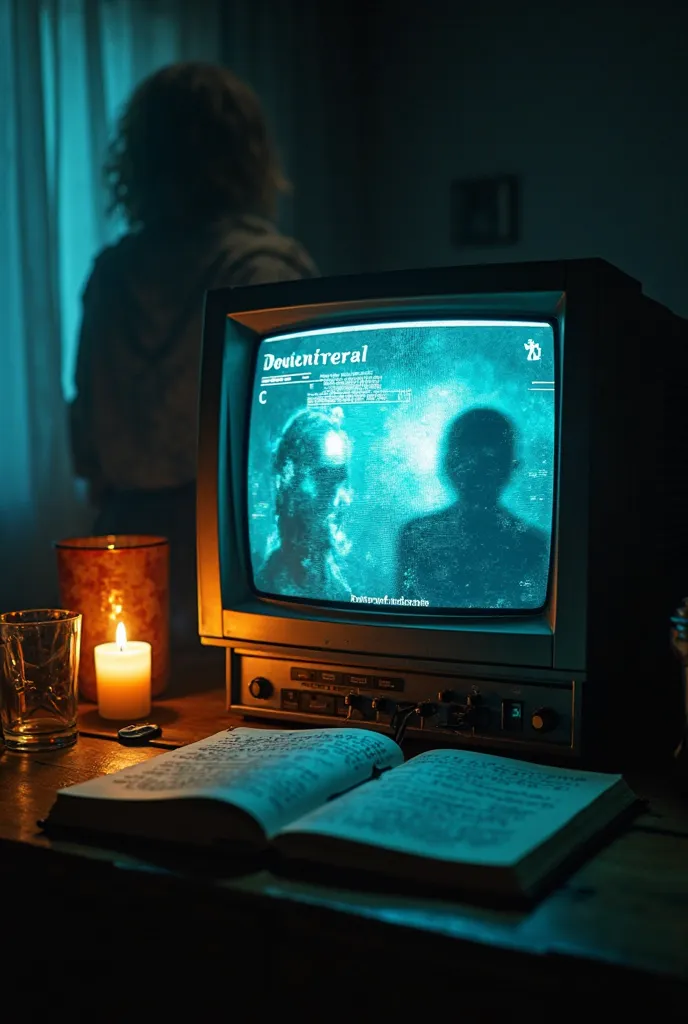 A cinematic shot of an old computer glowing in a dimly lit room, the monitor displaying a podcast webpage distorted by eerie static, with blurred faces and shadowy figures flickering in the interference, surrounded by flickering candles, an open notebook f...