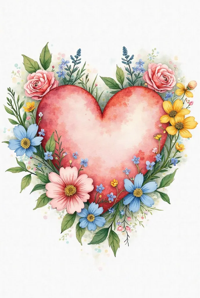 A watercolor illustration of a centered heart. mixed wildflowers, including soft pink roses, baby-blue myosotis and sun-yellow daisies, amidst lush vegetation. The overall aesthetic is soft, romantic and whimsical, with delicate brushstrokes and mixed wate...