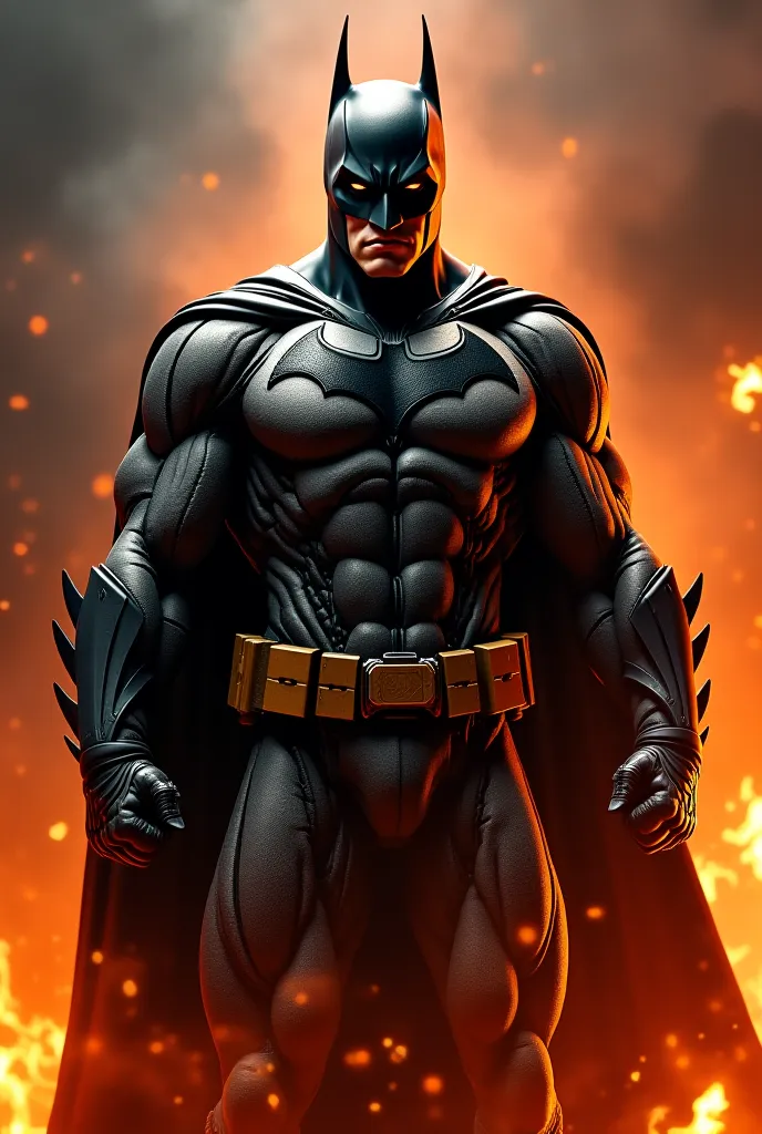 Create a very muscular Batman image in 4K surrounded by fire 