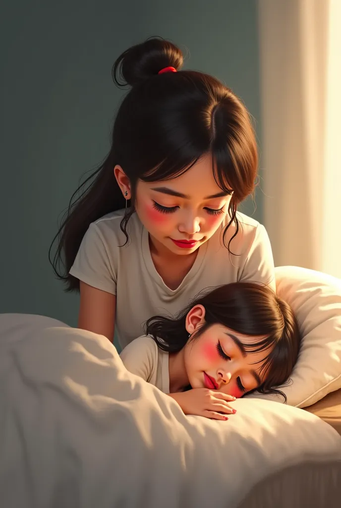 A girl is lying on the bed while her mother, standing beside the bed, is taking the blanket off her body because the girl is feeling too hot.

