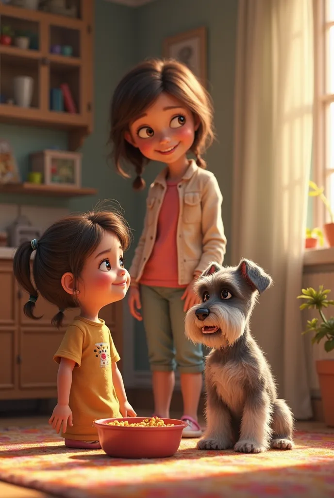 an animated photograph of a girl and her mother watching a Schnauzer dog eat her food inside a home